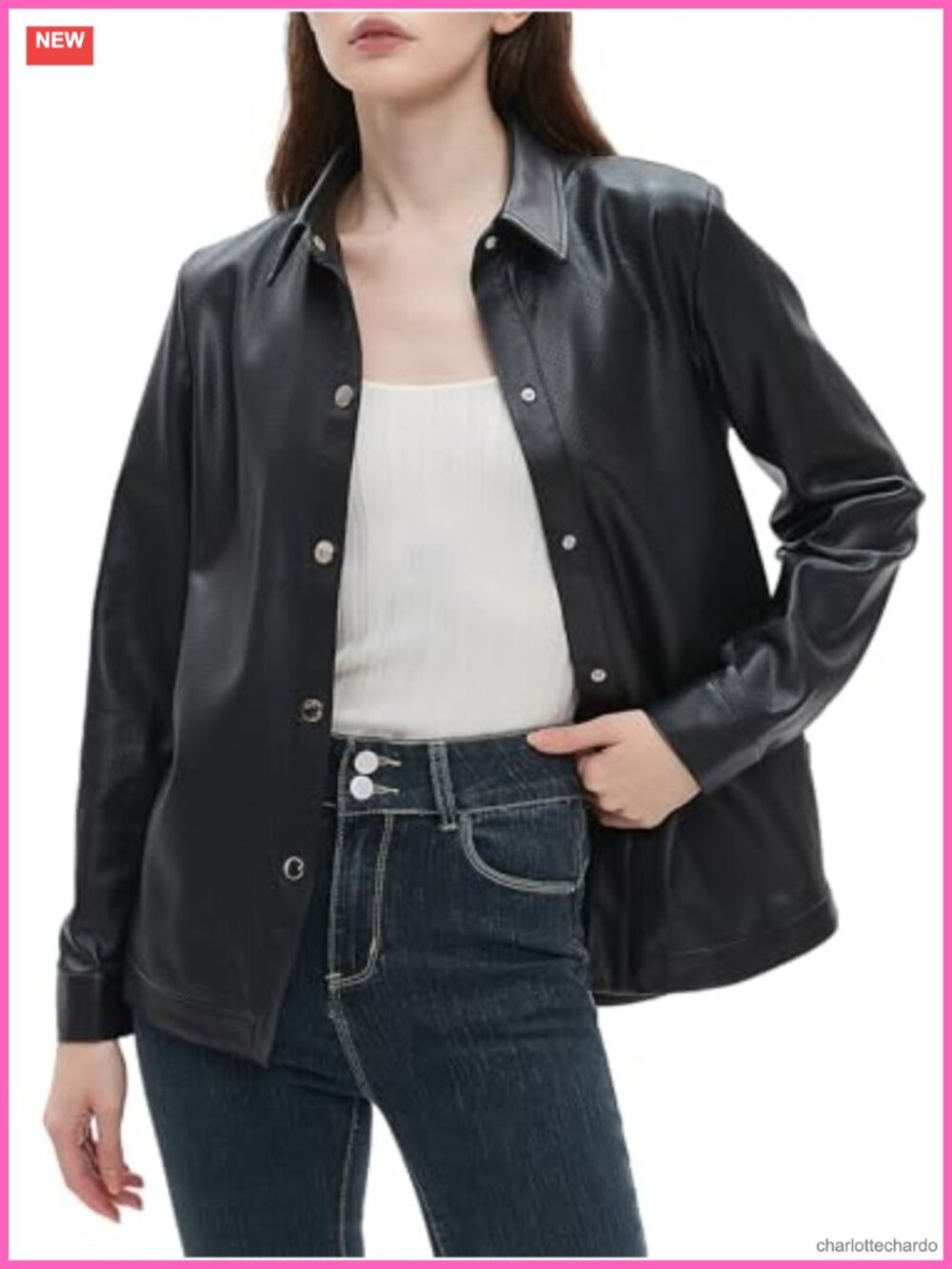 Faux Leather Button Down Shirt Long Sleeve Office Work Blouse